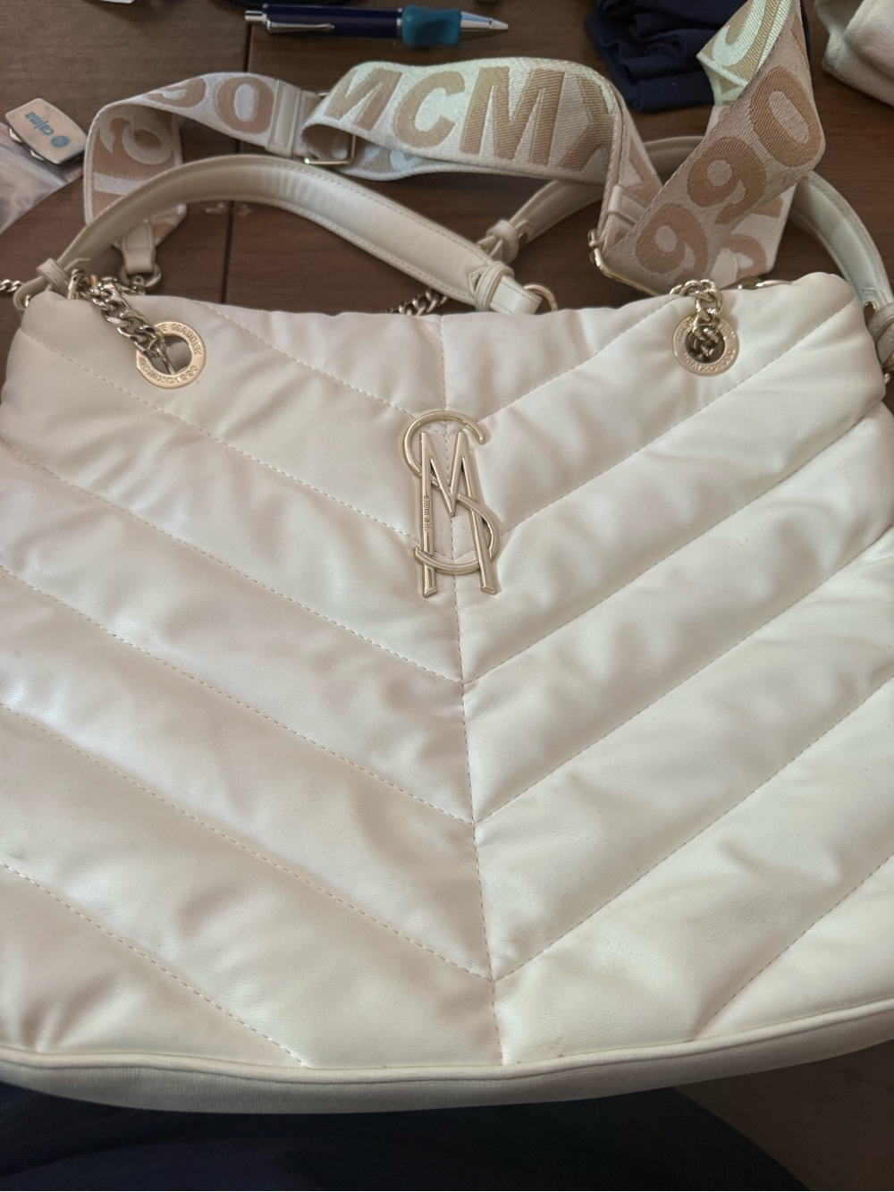 Steve Madden Cream Quilted Shoulder Tote with Branded Strap & Zip Wallet